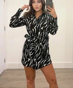 AX Paris Dresses Black And White Printed Tie Wrap Long Sleeve Dress