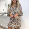 AX Paris Brown Animal Print Long Sleeve Ruched Mini Dress