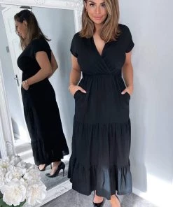 AX Paris Dresses Black Short Sleeved V-Neck Midi Smock Dress