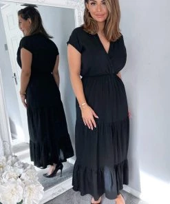 AX Paris Dresses Black Short Sleeved V-Neck Midi Smock Dress