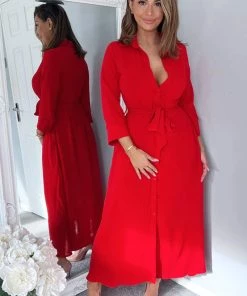 AX Paris Party Dresses Red Button Up Midi Shirt Dress
