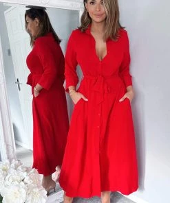 AX Paris Party Dresses Red Button Up Midi Shirt Dress