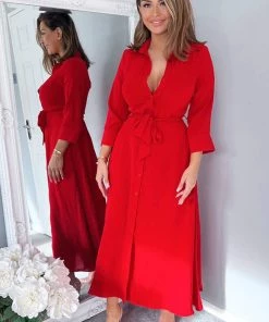 AX Paris Party Dresses Red Button Up Midi Shirt Dress