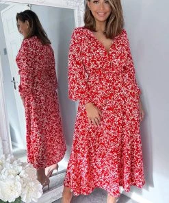 AX Paris Dresses Red Floral Print Button Up Midi Shirt Dress