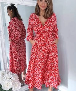AX Paris Dresses Red Floral Print Button Up Midi Shirt Dress
