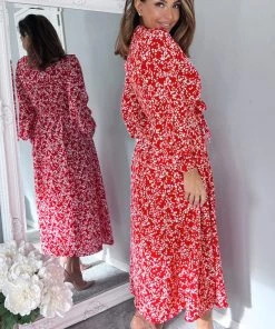 AX Paris Dresses Red Floral Print Button Up Midi Shirt Dress