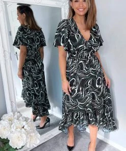 AX Paris Black And Green Marble Print Dip Hem Midi Dress Dresses
