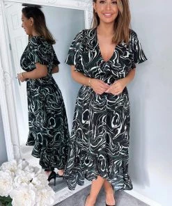 AX Paris Black And Green Marble Print Dip Hem Midi Dress Dresses