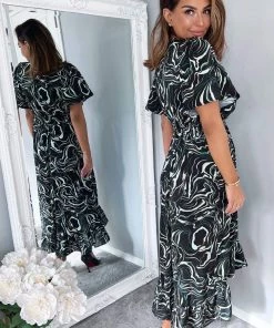 AX Paris Black And Green Marble Print Dip Hem Midi Dress Dresses