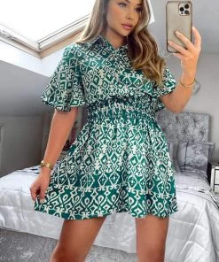 AX Paris Dresses Green Printed Short Sleeve Shirred Waist Mini Dress