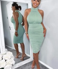 AX Paris Duck Egg Ruched High Neck Midi Dress Dresses