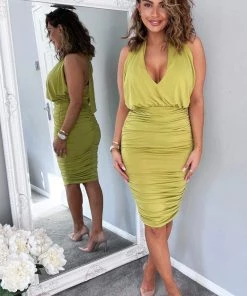 AX Paris Lime Halter Tie Neck Ruched Midi Bodycon Dress Dresses