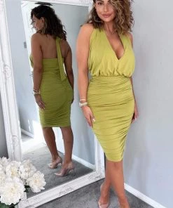 AX Paris Lime Halter Tie Neck Ruched Midi Bodycon Dress Dresses