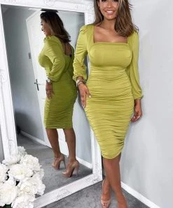 AX Paris Lime Square Neck Ruched Long Sleeve Midi Dress