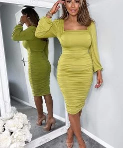 AX Paris Lime Square Neck Ruched Long Sleeve Midi Dress
