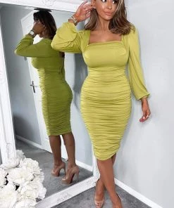 AX Paris Lime Square Neck Ruched Long Sleeve Midi Dress