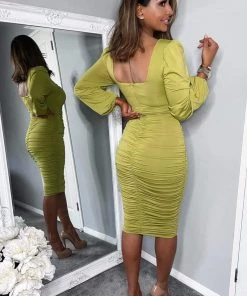 AX Paris Lime Square Neck Ruched Long Sleeve Midi Dress