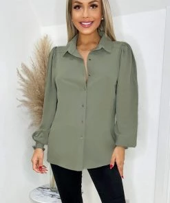 AX Paris Tops Khaki Gold Button Up Elasticated Cuff Shirt