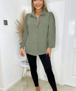 AX Paris Tops Khaki Gold Button Up Elasticated Cuff Shirt 8 AX Paris Tops Khaki Gold Button Up Elasticated Cuff Shirt