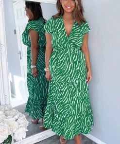 AX Paris Green And White Animal Print Collared Smock Midi Dress Dresses