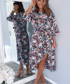 AX Paris Dresses Navy Floral Wrap Tie Front Midi Dress