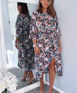 AX Paris Dresses Navy Floral Wrap Tie Front Midi Dress