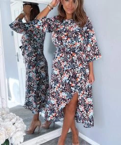 AX Paris Dresses Navy Floral Wrap Tie Front Midi Dress 8 AX Paris Dresses Navy Floral Wrap Tie Front Midi Dress