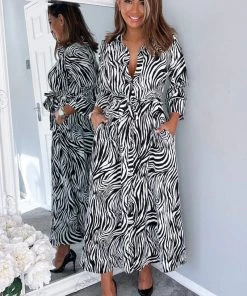 AX Paris Dresses Black And White Zebra Print Midi Shirt Dress
