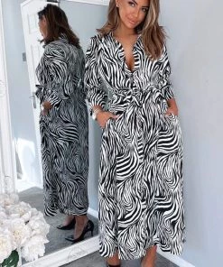 AX Paris Dresses Black And White Zebra Print Midi Shirt Dress