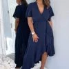 AX Paris Navy Wrap Over Top Frill Hem Midi Dress