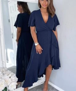 AX Paris Navy Wrap Over Top Frill Hem Midi Dress