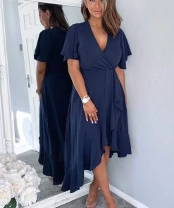 AX Paris Navy Wrap Over Top Frill Hem Midi Dress