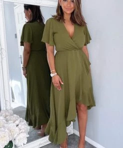 AX Paris Olive Wrap Over Top Frill Hem Midi Dress