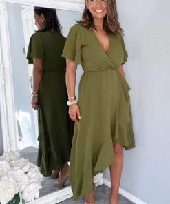 AX Paris Olive Wrap Over Top Frill Hem Midi Dress