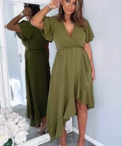 AX Paris Olive Wrap Over Top Frill Hem Midi Dress