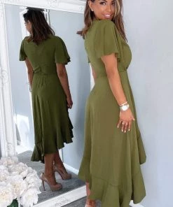 AX Paris Olive Wrap Over Top Frill Hem Midi Dress