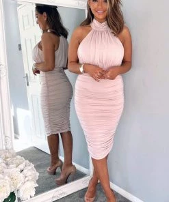 AX Paris Nude Ruched High Neck Midi Dress