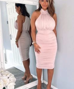 AX Paris Nude Ruched High Neck Midi Dress