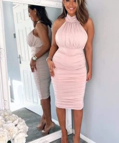 AX Paris Nude Ruched High Neck Midi Dress