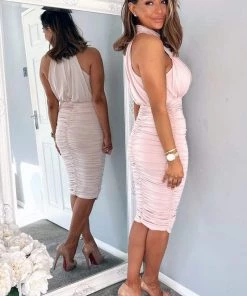 AX Paris Nude Ruched High Neck Midi Dress