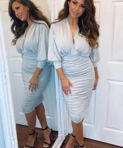 AX Paris Silver Ruched Bat Wing Sleeve Midi Dress