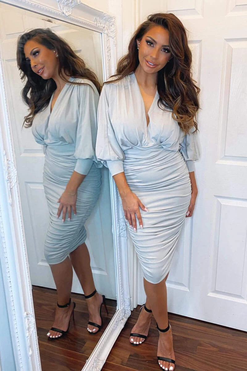 AX Paris Silver Ruched Bat Wing Sleeve Midi Dress 2 AX Paris Silver Ruched Bat Wing Sleeve Midi Dress