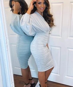 AX Paris Silver Ruched Bat Wing Sleeve Midi Dress 7 AX Paris Silver Ruched Bat Wing Sleeve Midi Dress