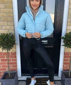 AX Paris Baby Blue Cropped Puffer Jacket