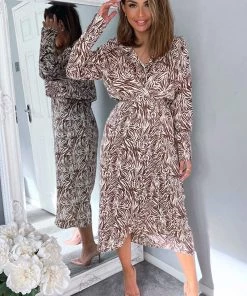 AX Paris Dresses Brown Animal Print Wrap Over Midi Dress