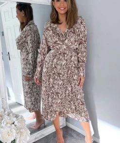 AX Paris Dresses Brown Animal Print Wrap Over Midi Dress