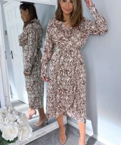 AX Paris Dresses Brown Animal Print Wrap Over Midi Dress