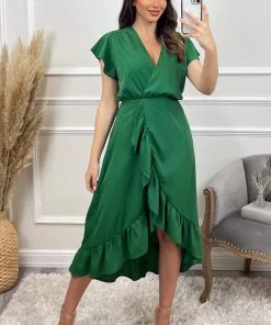 AX Paris Green Wrap Over Frill Hem Short Sleeve Midi Dress Dresses