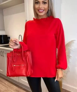 AX Paris Red Ruffle High Neck Long Sleeve Top
