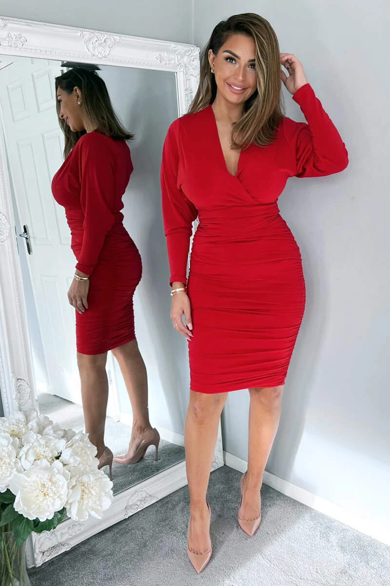 AX Paris Red Ruched Wrap Top Midi Dress Dresses 2 AX Paris Red Ruched Wrap Top Midi Dress Dresses
